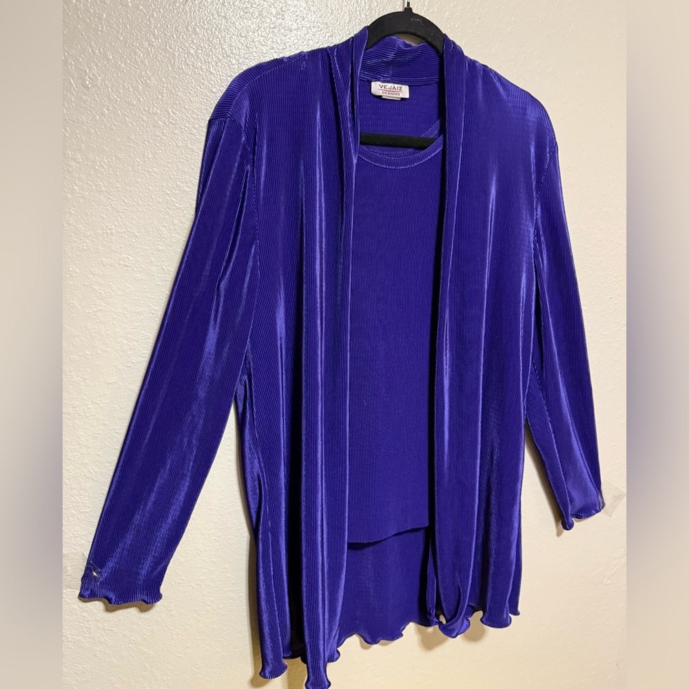 VeJaiz Purple Pleated Twin Set M | Shimmer Cardigan Cami Set Y2K Layering Outfit - Picture 4 of 4